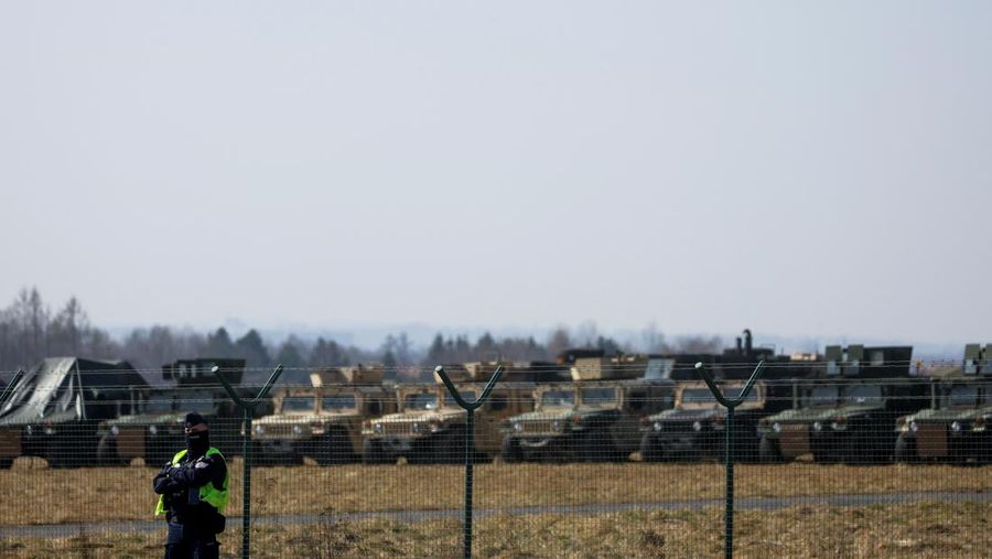A U.S. Army Black Hawk flies over Rzeszow-Jasionka Airport ahead of U.S. President Joe Biden arrival to visit Poland, amid Russia's invasion of Ukraine, near Rzeszow, Poland, March 25, 2022. REUTERS/Kacper Pempel