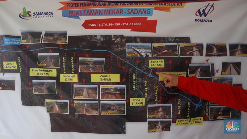 Foto udara suasana proyek Simpang Susun Sadang, Jawa Barat, Jumat (25/3/2022). Simpang susun Sadang termasuk proyek proyek pembangunan Jalan Tol Jakarta-Cikampek II Selatan. (CNBC Indonesia/ Andrean Kristianto)
