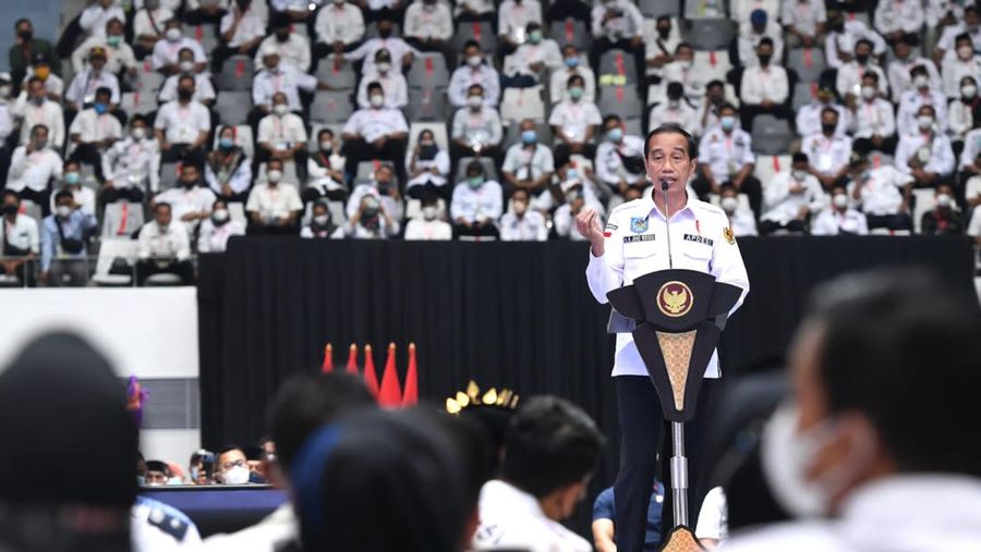 Presiden Joko Widodo dalam acara Silaturahmi Nasional Apdesi di Jakarta, Rabu (30/3/2022)