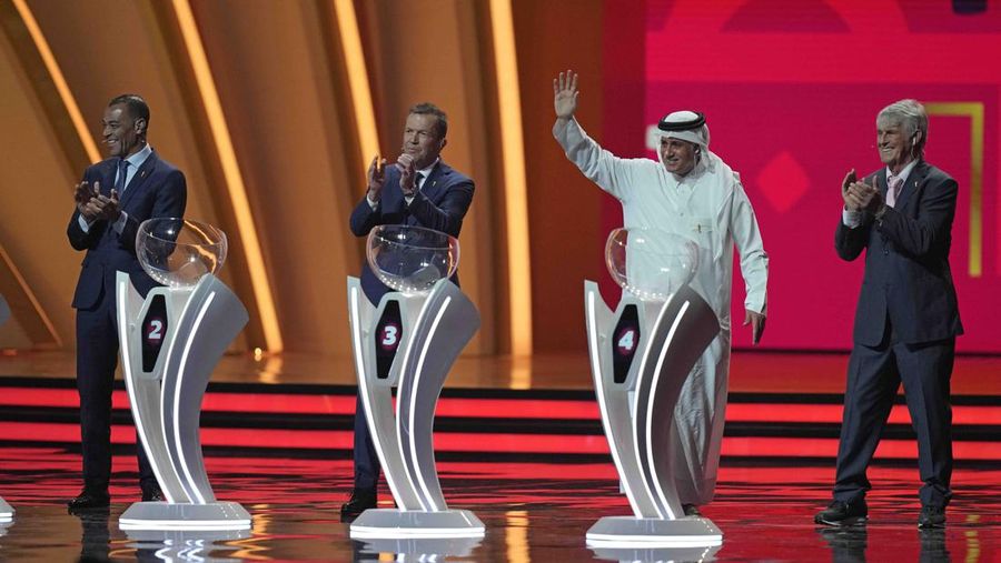 Emir of Qatar Sheikh Tamim bin Hamad Al Thani speaks during the 2022 soccer World Cup draw at the Doha Exhibition and Convention Center in Doha, Qatar, Friday, April 1, 2022. (AP Photo/Hussein Sayed)