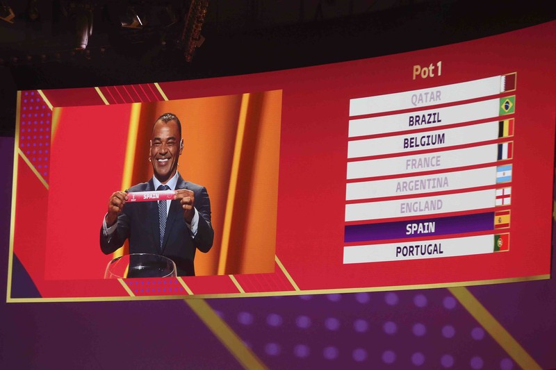 Qatar Soccer WCup Draw Emir of Qatar Sheikh Tamim bin Hamad Al Thani speaks during the 2022 soccer World Cup draw at the Doha Exhibition and Convention Center in Doha, Qatar, Friday, April 1, 2022. (AP Photo/Hussein Sayed)