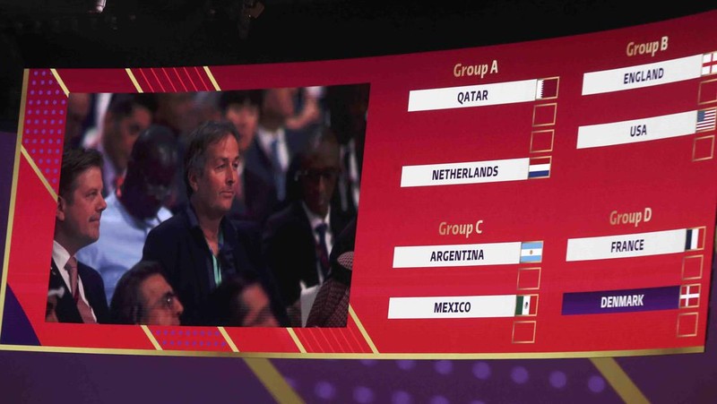 Emir of Qatar Sheikh Tamim bin Hamad Al Thani speaks during the 2022 soccer World Cup draw at the Doha Exhibition and Convention Center in Doha, Qatar, Friday, April 1, 2022. (AP Photo/Hussein Sayed)