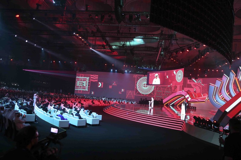 Qatar Soccer WCup Draw Emir of Qatar Sheikh Tamim bin Hamad Al Thani speaks during the 2022 soccer World Cup draw at the Doha Exhibition and Convention Center in Doha, Qatar, Friday, April 1, 2022. (AP Photo/Hussein Sayed)