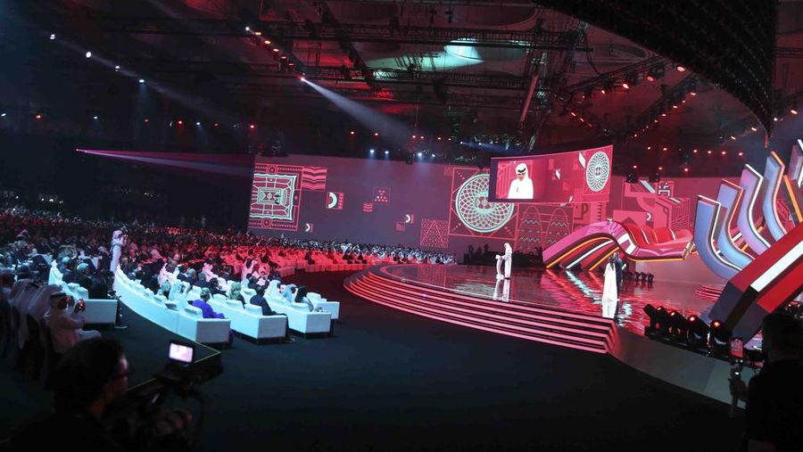 Emir of Qatar Sheikh Tamim bin Hamad Al Thani speaks during the 2022 soccer World Cup draw at the Doha Exhibition and Convention Center in Doha, Qatar, Friday, April 1, 2022. (AP Photo/Hussein Sayed)