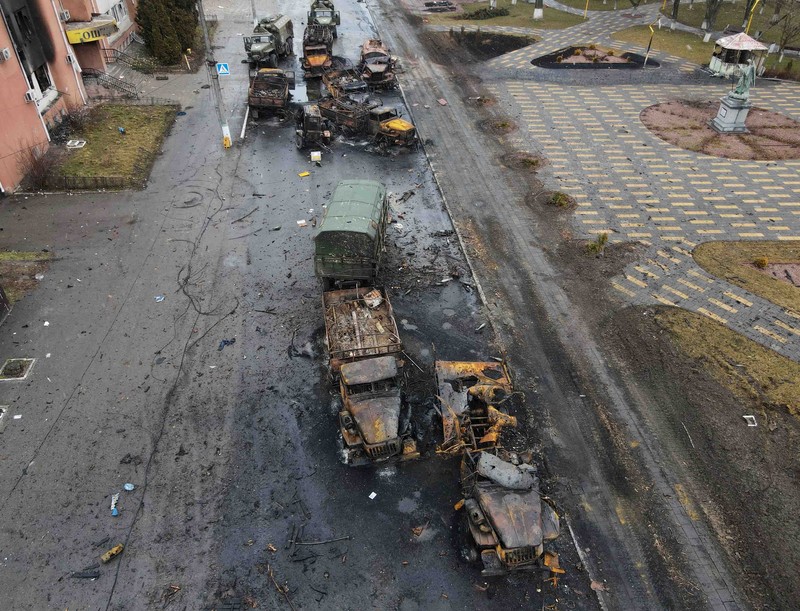 FILE PHOTO: An aerial view shows a residential building destroyed by shelling, as Russia's invasion of Ukraine continues, in the settlement of Borodyanka in the Kyiv region, Ukraine March 3, 2022. Picture taken with a drone. REUTERS/Maksim Levin/File Photo  SEARCH 
