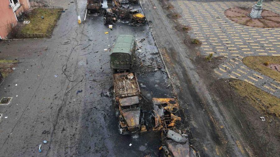 FILE PHOTO: An aerial view shows a residential building destroyed by shelling, as Russia's invasion of Ukraine continues, in the settlement of Borodyanka in the Kyiv region, Ukraine March 3, 2022. Picture taken with a drone. REUTERS/Maksim Levin/File Photo  SEARCH 