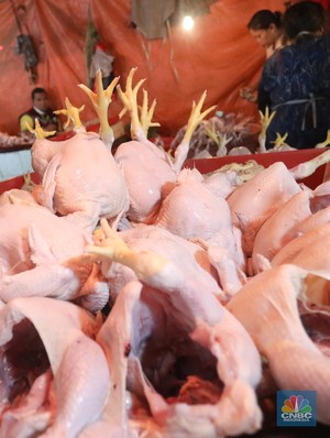 Penjual melayani pembeli daging ayam di Pasar Minggu, Rabu (6/4/2022). (CNBC Indonesia/Andrean Kristianto)