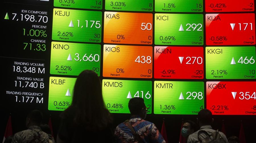 Pekerja berjalan dengan latar belakang layar pergerakan harga saham di gedung Bursa Efek Indonesia, Jakarta, Jumat (8/4/2022). Indeks Harga Saham Gabungan (IHSG) hari Jumat (8/4) sore ditutup naik 83,46 poin atau 1,17 persen menembus level  7.210. ANTARA FOTO/Muhammad Adimaja/wsj.