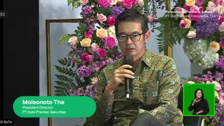 President Director PT. Indo Premier Sekuritas, Moleonoto The Saat Konferensi Pers Pencatatan Perdana Saham PT GoTo Gojek Tokopedia Tbk President Director PT. Indo Premier Sekuritas, Moleonoto The Saat Konferensi Pers Pencatatan Perdana Saham PT GoTo Gojek Tokopedia Tbk di Gedung Bursa Efek Indonesia, Jakarta. (Tangkapan Layar)