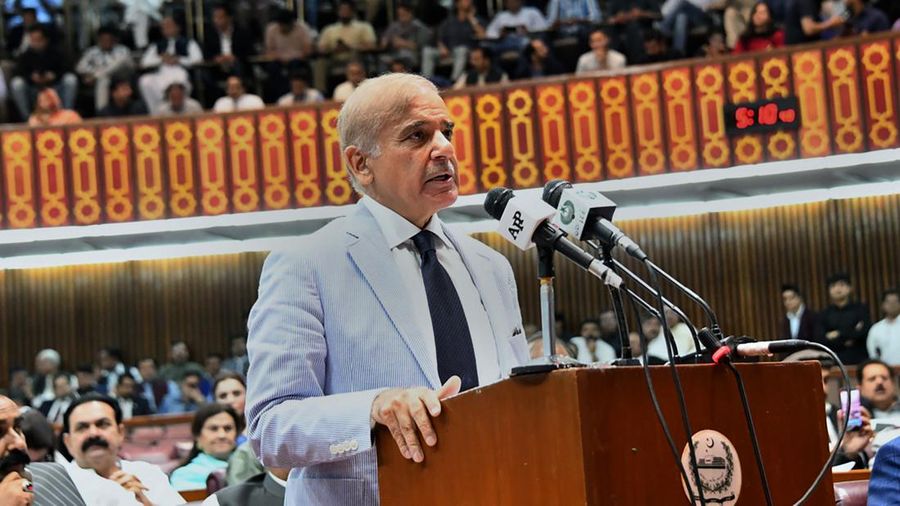 In this photo released by National Assembly of Pakistan, newly elected Pakistani Prime Minister Shahbaz Sharif addresses a National Assembly session, in Islamabad, Pakistan, Monday, April 11, 2022. Pakistan's parliament elected opposition lawmaker Sharif as the new prime minister Monday, following a week of political turmoil that led to the weekend ouster of Premier Imran Khan. (National Assembly of Pakistan via AP)
