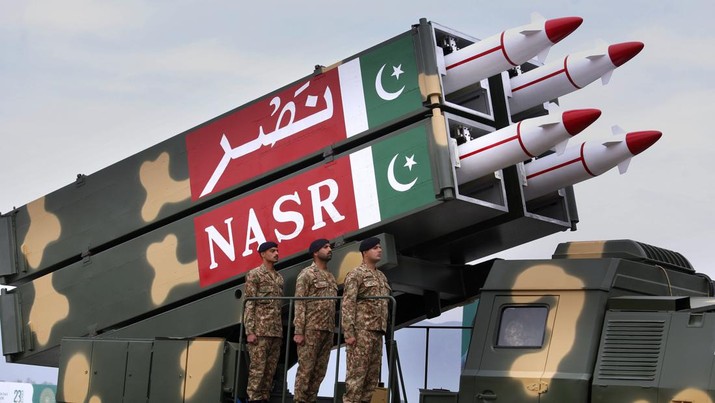 A Pakistani-made ballistic missile NASR is loaded on a trailer rolls down during a military parade to mark Pakistan National Day, in Islamabad, Pakistan, Saturday, March 23, 2019. Pakistanis are celebrating their National Day with a military parade that's showcasing short- and long-range missiles, tanks, jets, drones and other hardware. (AP Photo/Anjum Naveed)
