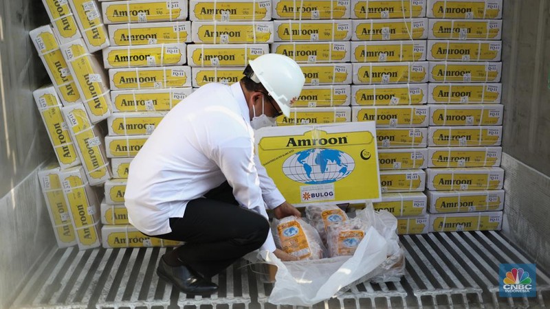Bongkar muat daging kerbau asal India di Terminal Mustika Alam Lestari, Tanjung Priok, Jakarta Utara, Kamis (14/4/2022). (վ/  Tri Susilo)