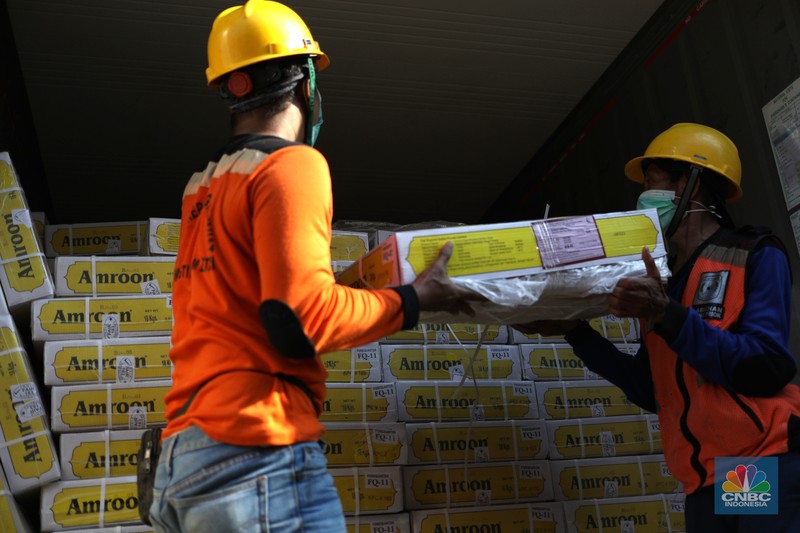 Bongkar muat daging kerbau asal India Bulog Bongkar muat daging kerbau asal India di Terminal Mustika Alam Lestari, Tanjung Priok, Jakarta Utara, Kamis (14/4/2022). (CNBC Indonesia/ Tri Susilo)