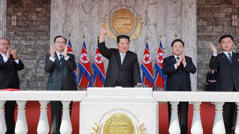 Fireworks go off in the sky as people take part in an event at Kim Il Sung Square to mark 110th birth anniversary of the state's founder, Kim II Sung, in Pyongyang, North Korea, April 15, 2022. Picture taken April 15, 2022 by North Korea's Korean Central News Agency (KCNA).     KCNA via REUTERS    ATTENTION EDITORS - THIS IMAGE WAS PROVIDED BY A THIRD PARTY. REUTERS IS UNABLE TO INDEPENDENTLY VERIFY THIS IMAGE. NO THIRD PARTY SALES. SOUTH KOREA OUT. NO COMMERCIAL OR EDITORIAL SALES IN SOUTH KOREA.
