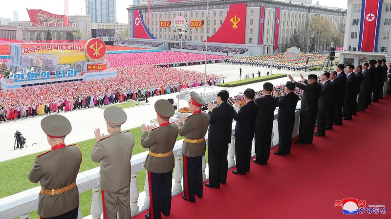 Fireworks go off in the sky as people take part in an event at Kim Il Sung Square to mark 110th birth anniversary of the state's founder, Kim II Sung, in Pyongyang, North Korea, April 15, 2022. Picture taken April 15, 2022 by North Korea's Korean Central News Agency (KCNA).     KCNA via REUTERS    ATTENTION EDITORS - THIS IMAGE WAS PROVIDED BY A THIRD PARTY. REUTERS IS UNABLE TO INDEPENDENTLY VERIFY THIS IMAGE. NO THIRD PARTY SALES. SOUTH KOREA OUT. NO COMMERCIAL OR EDITORIAL SALES IN SOUTH KOREA.