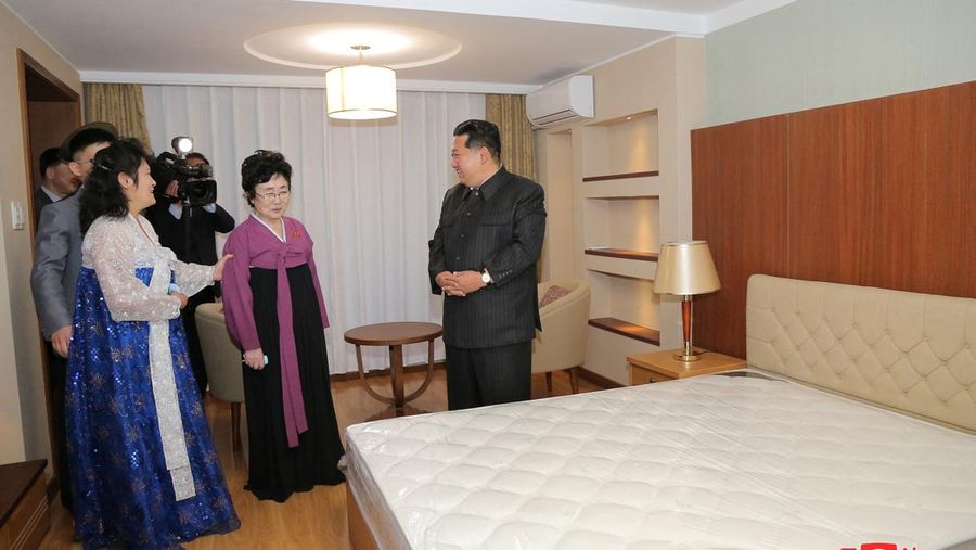 North Korean leader Kim Jong Un attends a tape-cutting ceremony to mark the completion of a terraced residential district on a bank of the Pothong River in Pyongyang, North Korea, April 13, 2022. Picture taken April 13, 2022 by North Korea's Korean Central News Agency (KCNA). KCNA via REUTERS ATTENTION EDITORS - THIS IMAGE WAS PROVIDED BY A THIRD PARTY. REUTERS IS UNABLE TO INDEPENDENTLY VERIFY THIS IMAGE. NO THIRD PARTY SALES. SOUTH KOREA OUT. NO COMMERCIAL OR EDITORIAL SALES IN SOUTH KOREA.
