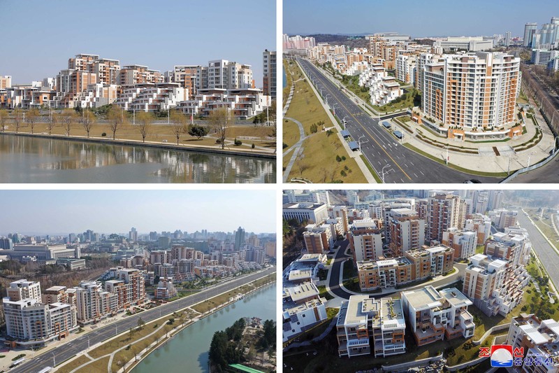 NORTHKOREA-APARTMENTS/ North Korean leader Kim Jong Un attends a tape-cutting ceremony to mark the completion of a terraced residential district on a bank of the Pothong River in Pyongyang, North Korea, April 13, 2022. Picture taken April 13, 2022 by North Korea's Korean Central News Agency (KCNA). KCNA via REUTERS ATTENTION EDITORS - THIS IMAGE WAS PROVIDED BY A THIRD PARTY. REUTERS IS UNABLE TO INDEPENDENTLY VERIFY THIS IMAGE. NO THIRD PARTY SALES. SOUTH KOREA OUT. NO COMMERCIAL OR EDITORIAL SALES IN SOUTH KOREA.