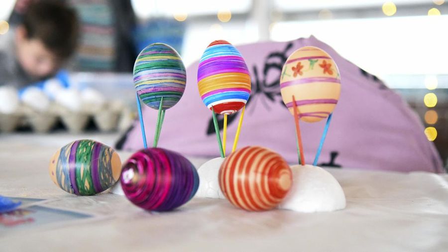 Example eggs are displayed during Egg-Stravaganza at the Walk in Art Center in Schuylkill Haven, Pa., on Saturday, April 9, 2022. Participants could stop at various stations and learn at least 11 different ways to decorate an egg. (Lindsey Shuey/Republican-Herald via AP)