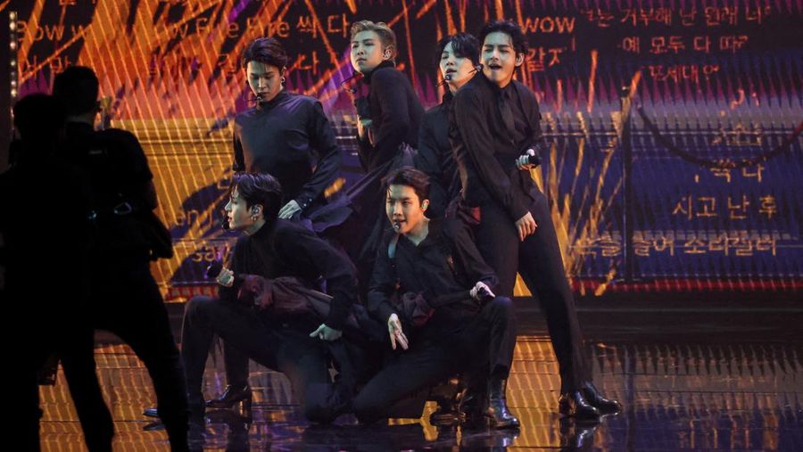 BTS perform during the 64th Annual Grammy Awards show in Las Vegas, Nevada, U.S. April 3, 2022. REUTERS/Mario Anzuoni