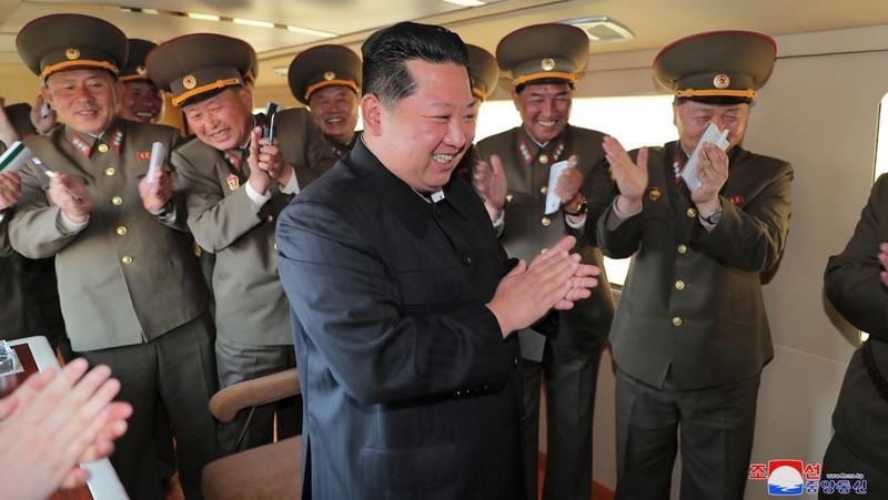 North Korean leader Kim Jong Un gestures as he watches the test-firing of a new-type tactical guided weapon according to state media, North Korea, in this undated photo released on April 16, 2022 by North Korea's Korean Central News Agency (KCNA).    KCNA via REUTERS    ATTENTION EDITORS - THIS IMAGE WAS PROVIDED BY A THIRD PARTY. REUTERS IS UNABLE TO INDEPENDENTLY VERIFY THIS IMAGE. NO THIRD PARTY SALES. SOUTH KOREA OUT. NO COMMERCIAL OR EDITORIAL SALES IN SOUTH KOREA.
