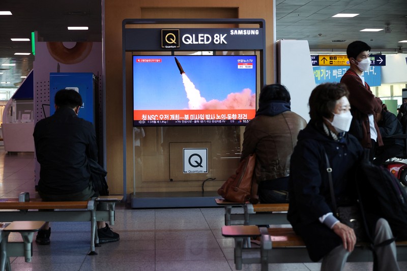 NORTHKOREA-MISSILES/ North Korean leader Kim Jong Un gestures as he watches the test-firing of a new-type tactical guided weapon according to state media, North Korea, in this undated photo released on April 16, 2022 by North Korea's Korean Central News Agency (KCNA). KCNA via REUTERS ATTENTION EDITORS - THIS IMAGE WAS PROVIDED BY A THIRD PARTY. REUTERS IS UNABLE TO INDEPENDENTLY VERIFY THIS IMAGE. NO THIRD PARTY SALES. SOUTH KOREA OUT. NO COMMERCIAL OR EDITORIAL SALES IN SOUTH KOREA.