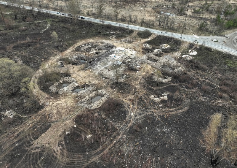UKRAINE-CRISIS/CHORNOBYL Trenches dug by the Russian military are seen in an area with high levels of radiation called the Red Forest, as Russia's attack on Ukraine continues, near the Chornobyl Nuclear Power Plant, in Chornobyl, Ukraine April 16, 2022. Picture taken with a drone. REUTERS/Gleb Garanich