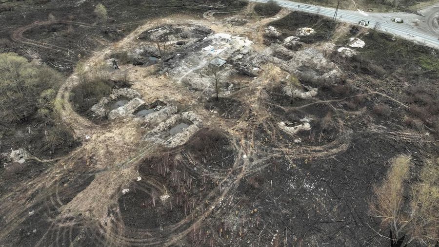 Trenches dug by the Russian military are seen in an area with high levels of radiation called the Red Forest, as Russia's attack on Ukraine continues, near the Chornobyl Nuclear Power Plant, in Chornobyl, Ukraine April 16, 2022. Picture taken with a drone.  REUTERS/Gleb Garanich
