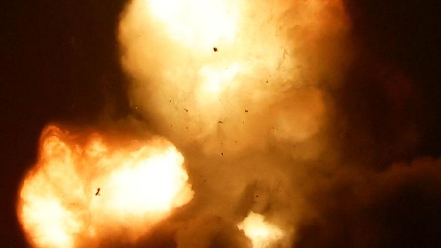An explosion is caused by Israeli airstrikes on a Hamas military base in town of Khan Younis, southern Gaza Strip, Tuesday April 19, 2022. (AP Photo/Yousef Masoud)