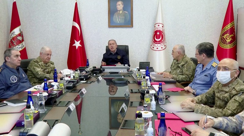 View of a target being hit during a military operation, in this still image taken from a handout video at an unknown location released on April 18, 2022. Turkish Defence Ministry/Handout via REUTERS    THIS IMAGE HAS BEEN SUPPLIED BY A THIRD PARTY  NO RESALES. NO ARCHIVES.   IMAGE WAS DIGITALLY MASKED AT SOURCE