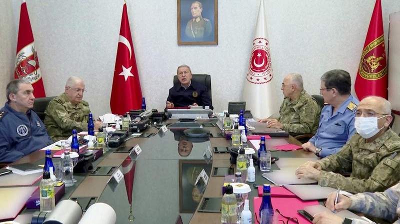 View of a target being hit during a military operation, in this still image taken from a handout video at an unknown location released on April 18, 2022. Turkish Defence Ministry/Handout via REUTERS    THIS IMAGE HAS BEEN SUPPLIED BY A THIRD PARTY  NO RESALES. NO ARCHIVES.   IMAGE WAS DIGITALLY MASKED AT SOURCE