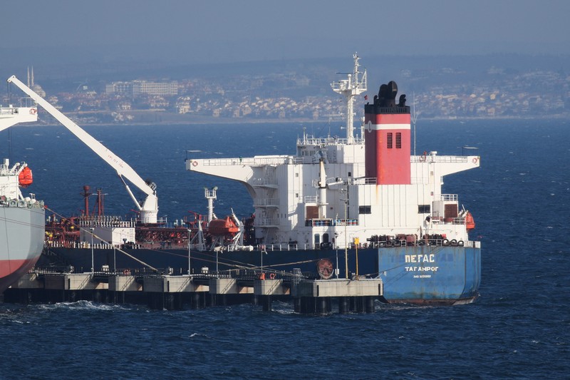 UKRAINE-CRISIS/GREECE-TANKER The seized Russian-flagged oil tanker Pegas is seen anchored off the shore of Karystos, on the Island of Evia, Greece, April 19, 2022. REUTERS/Vassilis Triandafyllou REFILE - CORRECTING YEAR