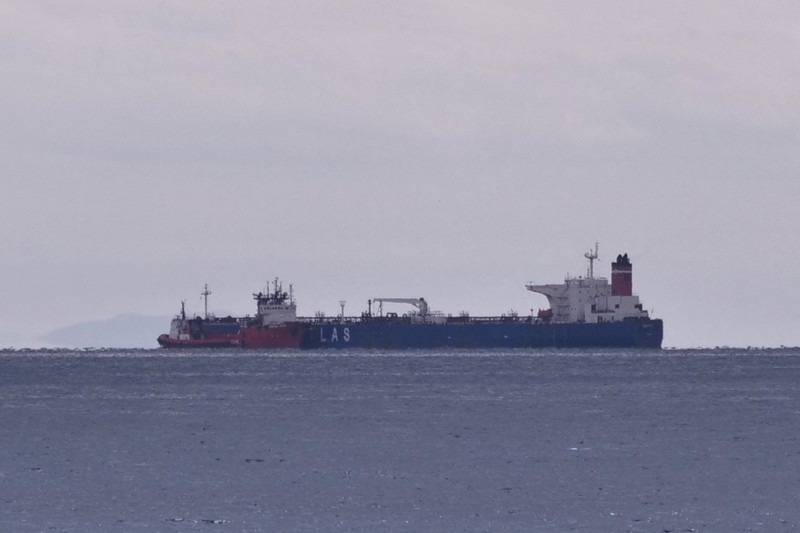 UKRAINE-CRISIS/GREECE-TANKER The seized Russian-flagged oil tanker Pegas is seen anchored off the shore of Karystos, on the Island of Evia, Greece, April 19, 2022. REUTERS/Vassilis Triandafyllou REFILE - CORRECTING YEAR