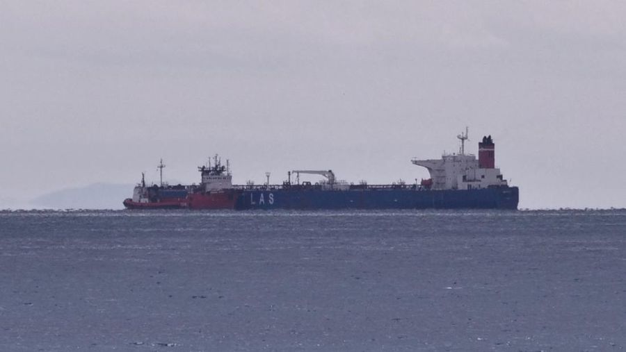 The seized Russian-flagged oil tanker Pegas is seen anchored off the shore of Karystos, on the Island of Evia, Greece, April 19, 2022. REUTERS/Vassilis Triandafyllou REFILE - CORRECTING YEAR