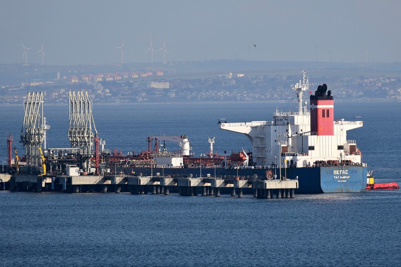The seized Russian-flagged oil tanker Pegas is seen anchored off the shore of Karystos, on the Island of Evia, Greece, April 19, 2022. REUTERS/Vassilis Triandafyllou REFILE - CORRECTING YEAR