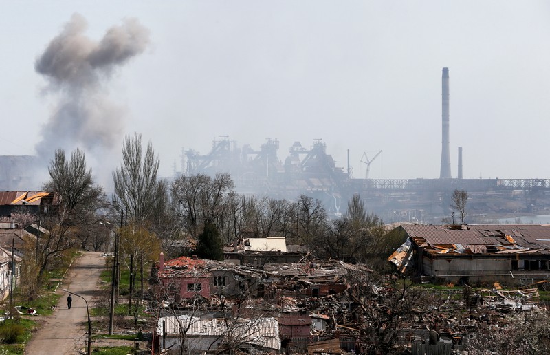 Smoke rises above Azovstal steelworks, in Mariupol, Ukraine, in this still image obtained from a recent drone video posted on social media. MARIUPOL CITY COUNCIL/via REUTERS  THIS IMAGE HAS BEEN SUPPLIED BY A THIRD PARTY. MANDATORY CREDIT. NO RESALES. NO ARCHIVES.