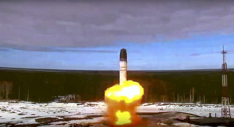 Russia Military In this handout photo released by Roscosmos Space Agency Press Service on Wednesday, April 20, 2022, the Sarmat intercontinental ballistic missile is launched from Plesetsk in Russia's northwest. Russia said on Wednesday it had conducted a first test launch of its Sarmat intercontinental ballistic missile, a new and long-awaited addition to its nuclear arsenal which President Vladimir Putin said would make Moscow's enemies stop and think. (Roscosmos Space Agency Press Service via AP)