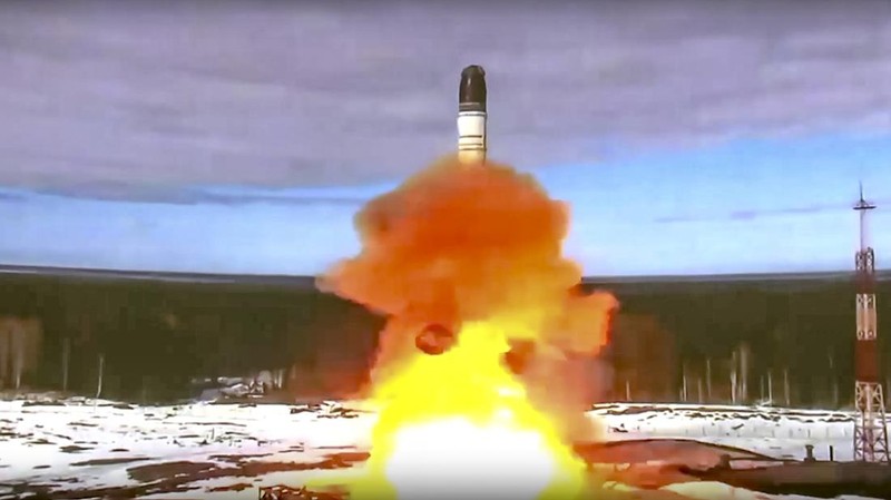 In this handout photo released by Roscosmos Space Agency Press Service on Wednesday, April 20, 2022, the Sarmat intercontinental ballistic missile is launched from Plesetsk in Russia's northwest. Russia said on Wednesday it had conducted a first test launch of its Sarmat intercontinental ballistic missile, a new and long-awaited addition to its nuclear arsenal which President Vladimir Putin said would make Moscow's enemies stop and think. (Roscosmos Space Agency Press Service via AP)
