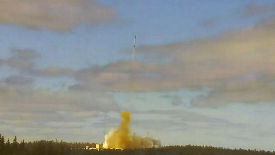 In this handout photo released by Roscosmos Space Agency Press Service on Wednesday, April 20, 2022, the Sarmat intercontinental ballistic missile is launched from Plesetsk in Russia's northwest. Russia said on Wednesday it had conducted a first test launch of its Sarmat intercontinental ballistic missile, a new and long-awaited addition to its nuclear arsenal which President Vladimir Putin said would make Moscow's enemies stop and think. (Roscosmos Space Agency Press Service via AP)