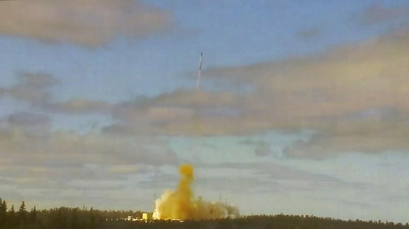 In this handout photo released by Roscosmos Space Agency Press Service on Wednesday, April 20, 2022, the Sarmat intercontinental ballistic missile is launched from Plesetsk in Russia's northwest. Russia said on Wednesday it had conducted a first test launch of its Sarmat intercontinental ballistic missile, a new and long-awaited addition to its nuclear arsenal which President Vladimir Putin said would make Moscow's enemies stop and think. (Roscosmos Space Agency Press Service via AP)