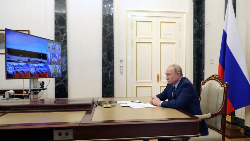 In this handout photo released by Roscosmos Space Agency Press Service on Wednesday, April 20, 2022, the Sarmat intercontinental ballistic missile is launched from Plesetsk in Russia's northwest. Russia said on Wednesday it had conducted a first test launch of its Sarmat intercontinental ballistic missile, a new and long-awaited addition to its nuclear arsenal which President Vladimir Putin said would make Moscow's enemies stop and think. (Roscosmos Space Agency Press Service via AP)