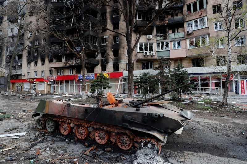 Bangunan yang rusak selama konflik Ukraina-Rusia di kota pelabuhan selatan Mariupol, Ukraina 22 April 2022. AP/