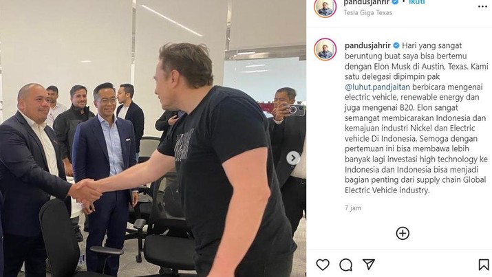 Tangkapan Layar Instagram Pandu Sjahrir Pertemuan delegasi yang dipimpin Luhut Binsar Pandjaitan bersama Elon Musk