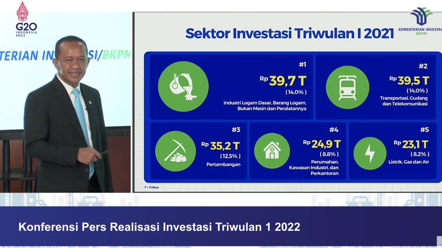 Konferensi Pers Realisasi Investasi Triwulan I Tahun 2022 (Tangkapan layar Kementerian Investasi - BKPM)