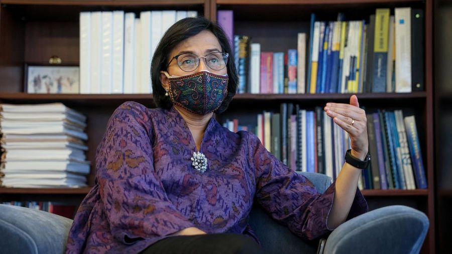 Indonesian Finance Minister Sri Mulyani Indrawati answers questions during an interview at the World Bank in Washington, U.S., April 22, 2022. REUTERS/Evelyn Hockstein