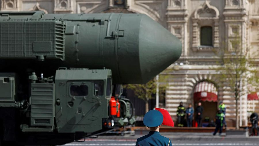 Russian self-propelled artillery vehicles roll during the Victory Day military parade in Moscow, Russia, Monday, May 9, 2022, marking the 77th anniversary of the end of World War II. (AP Photo/Alexander Zemlianichenko)