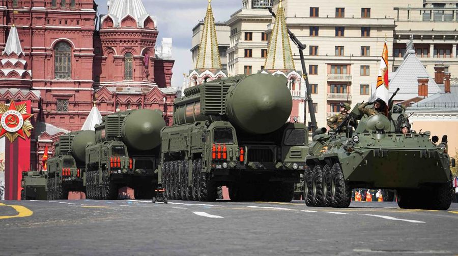 Russian RS-24 Yars ballistic missiles roll during the Victory Day military parade in Moscow, Russia, Monday, May 9, 2022, marking the 77th anniversary of the end of World War II. (AP Photo/Alexander Zemlianichenko)