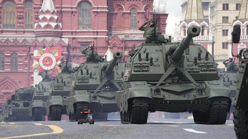 Russian self-propelled artillery vehicles roll during the Victory Day military parade in Moscow, Russia, Monday, May 9, 2022, marking the 77th anniversary of the end of World War II. (AP Photo/Alexander Zemlianichenko)