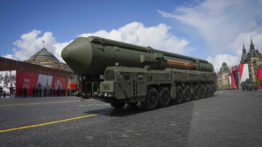 Russian RS-24 Yars ballistic missile rolls during the Victory Day military parade in Moscow, Russia, Monday, May 9, 2022, marking the 77th anniversary of the end of World War II. (AP Photo/Alexander Zemlianichenko)