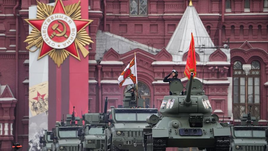 Russian military vehicles roll during the Victory Day military parade in Moscow, Russia, Monday, May 9, 2022, marking the 77th anniversary of the end of World War II. (AP Photo/Alexander Zemlianichenko)