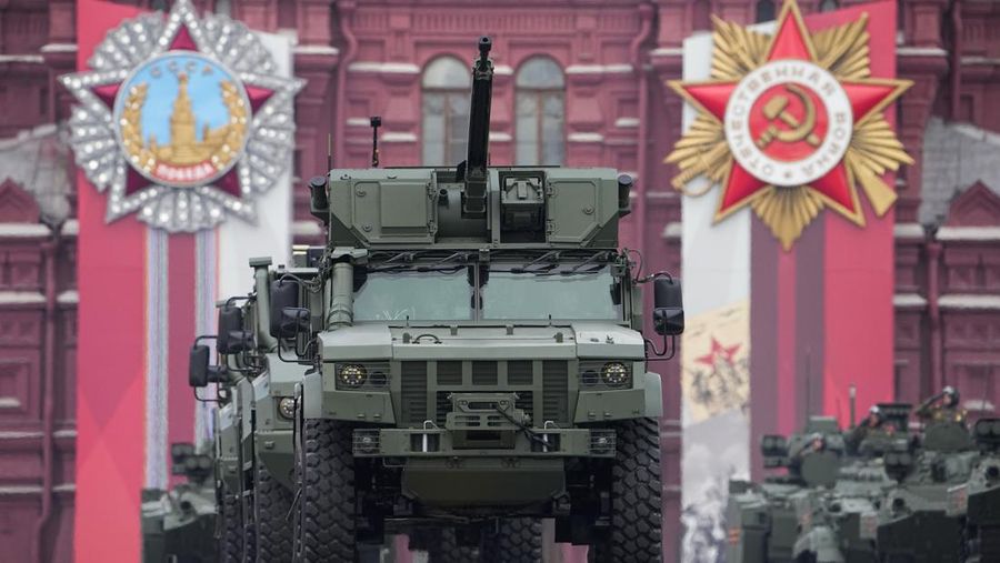 Russian self-propelled artillery vehicles roll during the Victory Day military parade in Moscow, Russia, Monday, May 9, 2022, marking the 77th anniversary of the end of World War II. (AP Photo/Alexander Zemlianichenko)